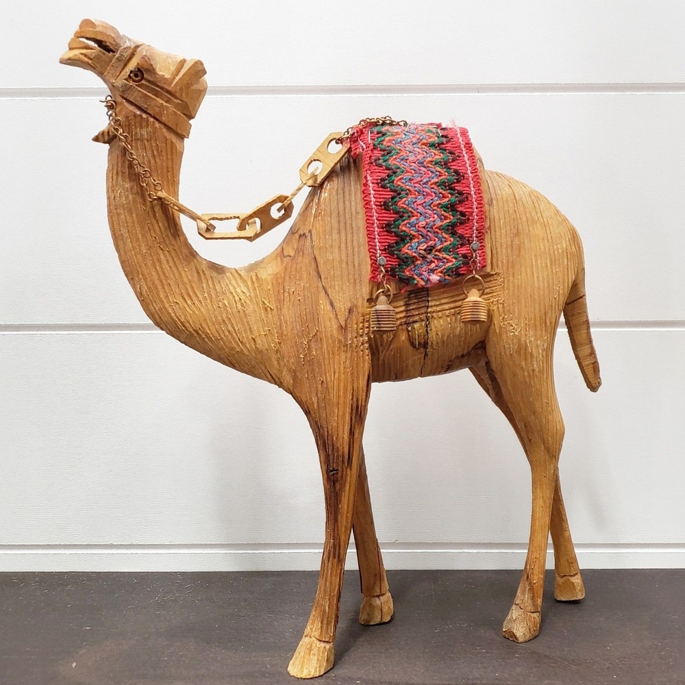 Hand Carved Wooden Camel Figurine Brown Boho Folk Art Saddle Travel Decor